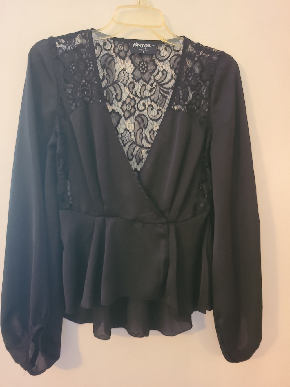 Nasty Gal Black Lace Peplum Wrap Blouse Balloon Sleeve Witchy DarkFairy Goth